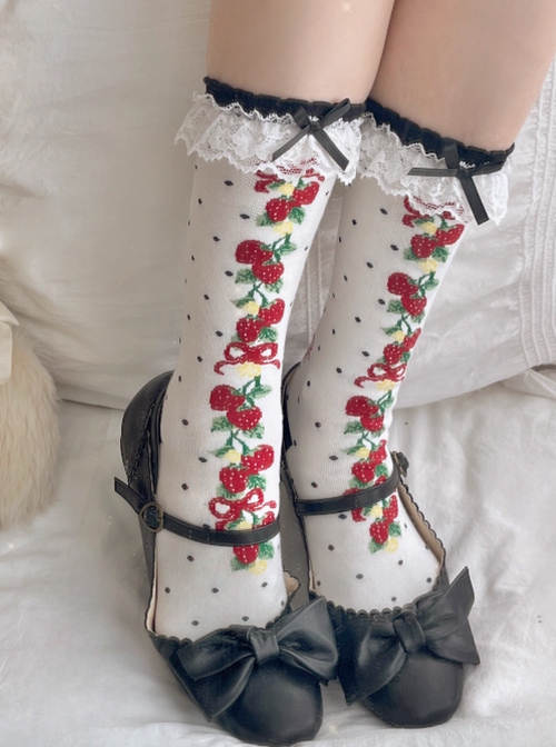 Fairy Tale Style Strawberry Print Ruffles Lace Ribbon Bowknot Polka Dots Sweet Lolita Short Socks