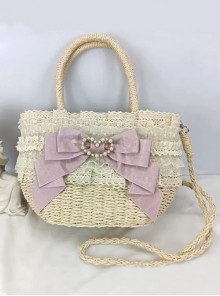 Pastoral Style Heart Pearl Button Lace Bowknot Classic Lolita Crossbody Hemp Rope Straw Handbag