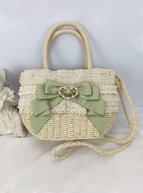 Pastoral Style Heart Pearl Button Lace Bowknot Classic Lolita Crossbody Hemp Rope Straw Handbag