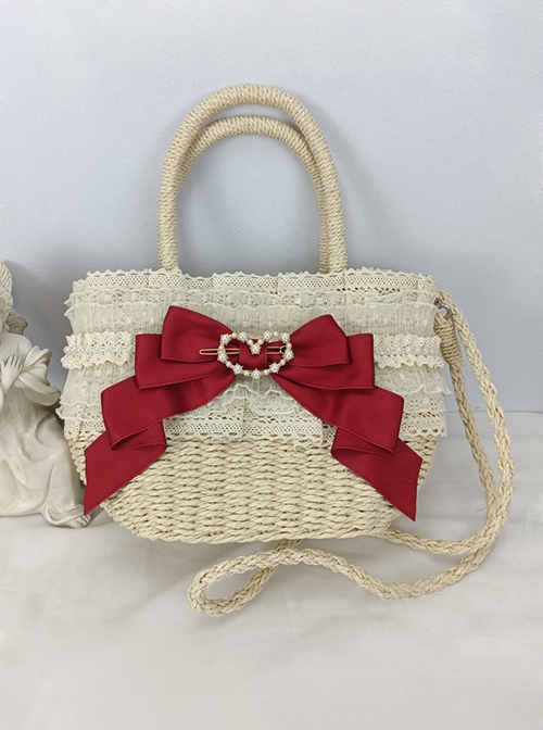 Pastoral Style Heart Pearl Button Lace Bowknot Classic Lolita Crossbody Hemp Rope Straw Handbag