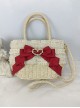 Pastoral Style Heart Pearl Button Lace Bowknot Classic Lolita Crossbody Hemp Rope Straw Handbag