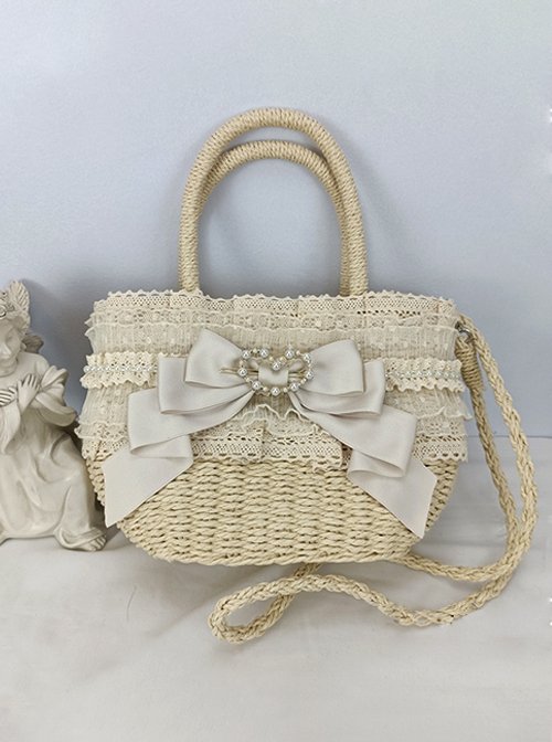 Pastoral Style Heart Pearl Button Lace Bowknot Classic Lolita Crossbody Hemp Rope Straw Handbag