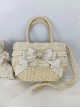 Pastoral Style Heart Pearl Button Lace Bowknot Classic Lolita Crossbody Hemp Rope Straw Handbag