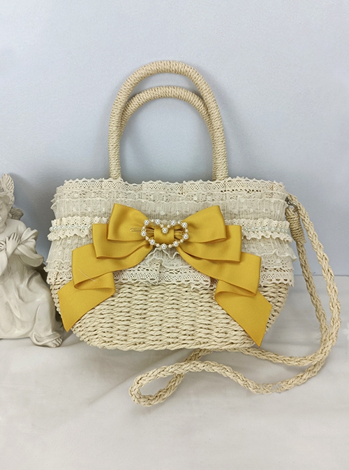 Pastoral Style Heart Pearl Button Lace Bowknot Classic Lolita Crossbody Hemp Rope Straw Handbag