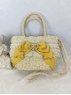 Pastoral Style Heart Pearl Button Lace Bowknot Classic Lolita Crossbody Hemp Rope Straw Handbag