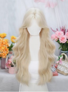 Sweet Pomelo Series Elegant Light Golden Mid Split Long Curly Hair Classic Lolita Full Head Wig