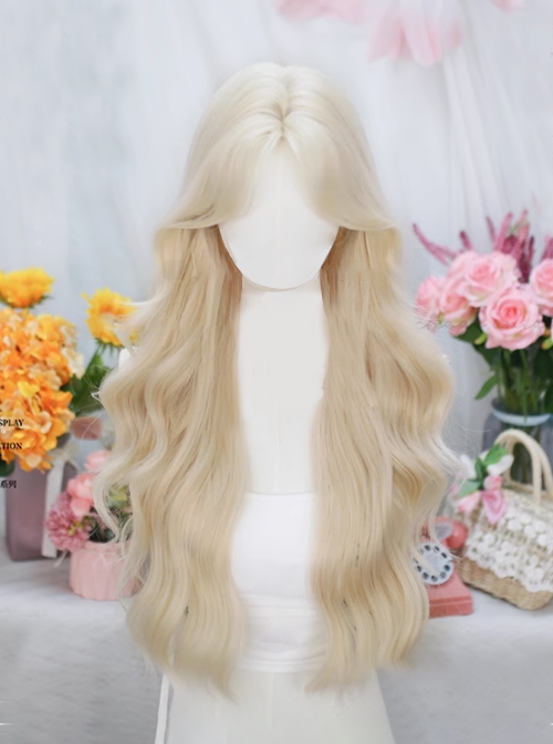 Sweet Pomelo Series Elegant Light Golden Mid Split Long Curly Hair Classic Lolita Full Head Wig