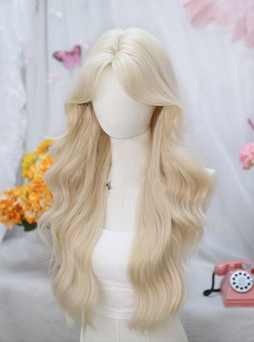 Sweet Pomelo Series Elegant Light Golden Mid Split Long Curly Hair Classic Lolita Full Head Wig