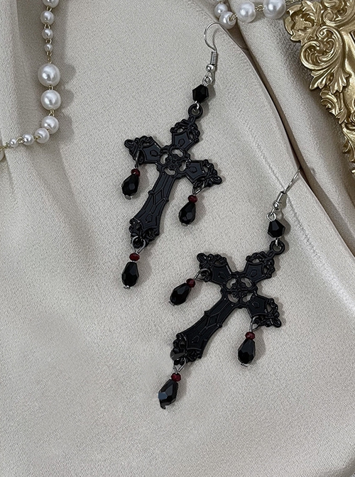 Bloody Cross Series Dark Black Gothic Punk Lolita Subculture Fashionable Cross Pendant Earrings