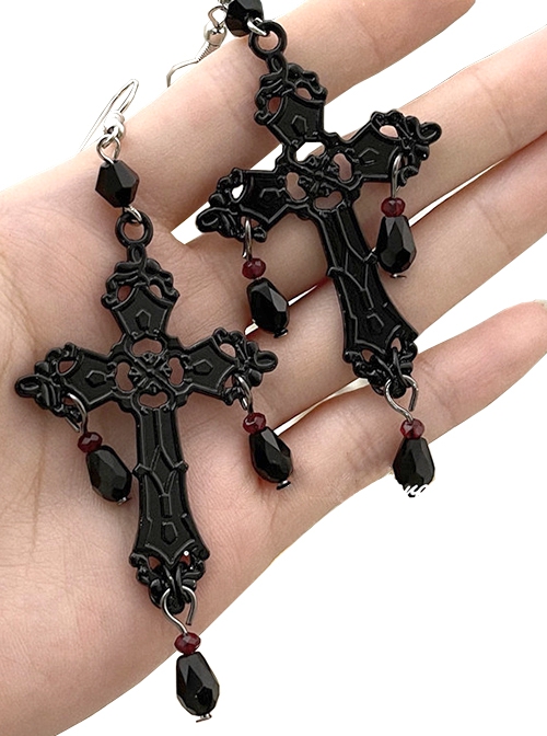 Bloody Cross Series Dark Black Gothic Punk Lolita Subculture Fashionable Cross Pendant Earrings