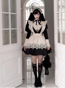 Noble Nun Maid Dark Sweet Gothic Lolita Wide Lace Apron Short Dress Bow Brooch Headband Set