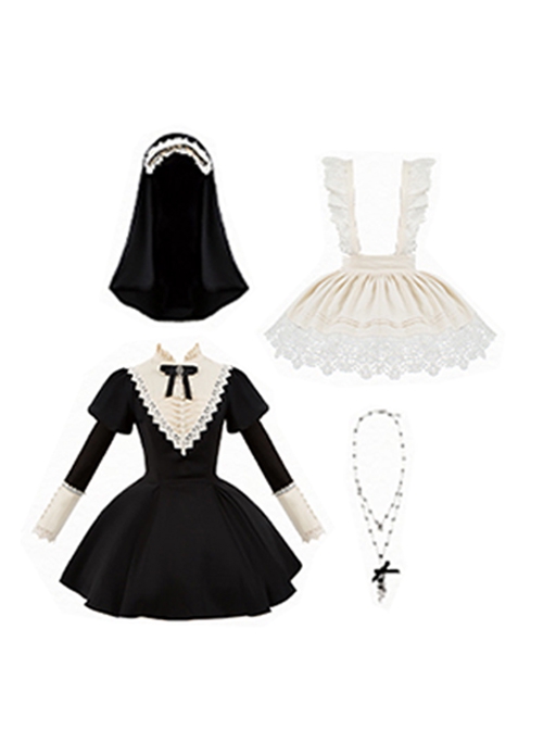 Noble Nun Maid Dark Sweet Gothic Lolita Wide Lace Apron Short Dress Bow Brooch Headband Set