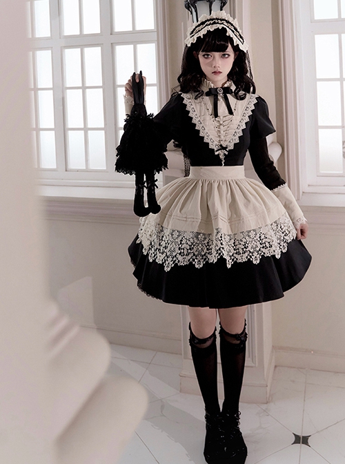 Noble Nun Maid Dark Sweet Gothic Lolita Wide Lace Apron Short Dress Bow Brooch Headband Set