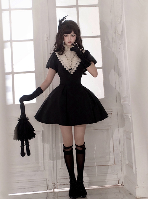 Noble Nun Maid Dark Sweet Gothic Lolita Wide Lace Apron Short Dress Bow Brooch Headband Set