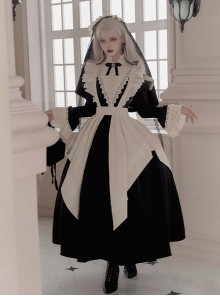 Elegant Dark Nun Style Gothic Lolita Black Puff Sleeves Long Dress Ruffles Sleeves Brooch Irregular Apron Set