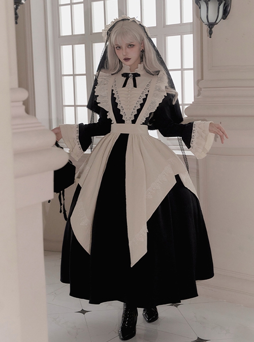 Elegant Dark Nun Style Gothic Lolita Black Puff Sleeves Long Dress Ruffles Sleeves Brooch Irregular Apron Set