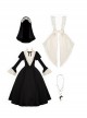 Elegant Dark Nun Style Gothic Lolita Black Puff Sleeves Long Dress Ruffles Sleeves Brooch Irregular Apron Set