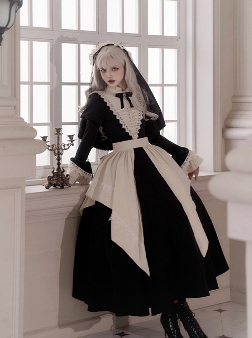 Elegant Dark Nun Style Gothic Lolita Black Puff Sleeves Long Dress Ruffles Sleeves Brooch Irregular Apron Set