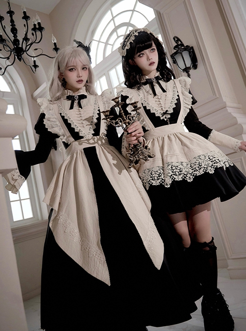 Elegant Dark Nun Style Gothic Lolita Black Puff Sleeves Long Dress Ruffles Sleeves Brooch Irregular Apron Set