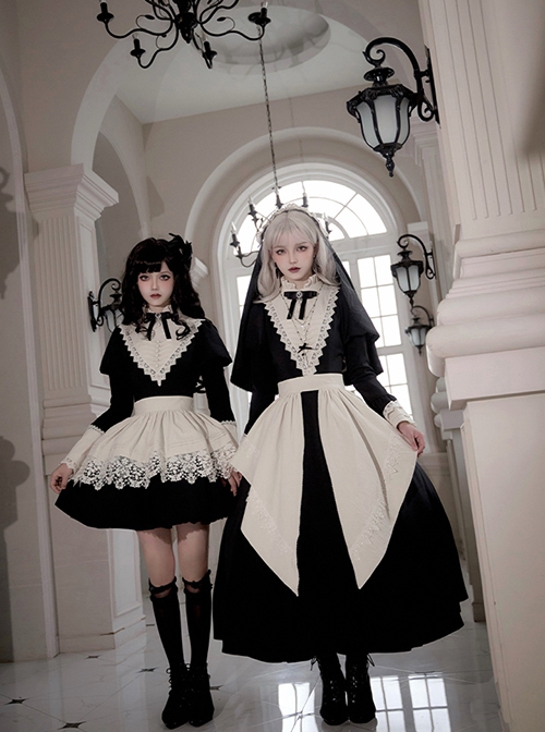 Elegant Dark Nun Style Gothic Lolita Black Puff Sleeves Long Dress Ruffles Sleeves Brooch Irregular Apron Set