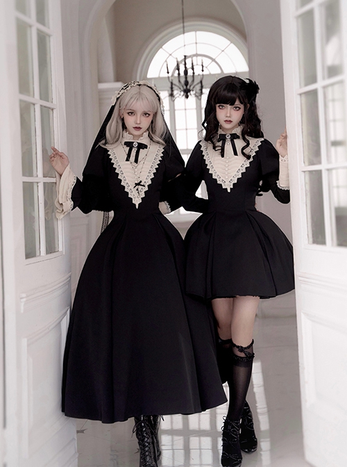 Elegant Dark Nun Style Gothic Lolita Black Puff Sleeves Long Dress Ruffles Sleeves Brooch Irregular Apron Set