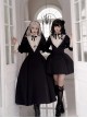 Elegant Dark Nun Style Gothic Lolita Black Puff Sleeves Long Dress Ruffles Sleeves Brooch Irregular Apron Set