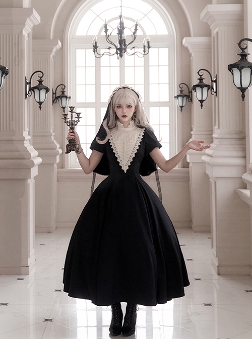 Elegant Dark Nun Style Gothic Lolita Black Puff Sleeves Long Dress Ruffles Sleeves Brooch Irregular Apron Set