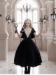 Elegant Dark Nun Style Gothic Lolita Black Puff Sleeves Long Dress Ruffles Sleeves Brooch Irregular Apron Set