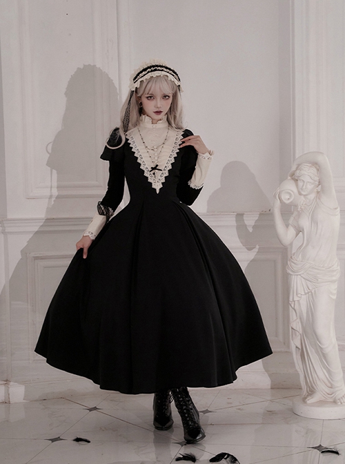 Elegant Dark Nun Style Gothic Lolita Black Puff Sleeves Long Dress Ruffles Sleeves Brooch Irregular Apron Set