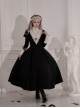 Elegant Dark Nun Style Gothic Lolita Black Puff Sleeves Long Dress Ruffles Sleeves Brooch Irregular Apron Set