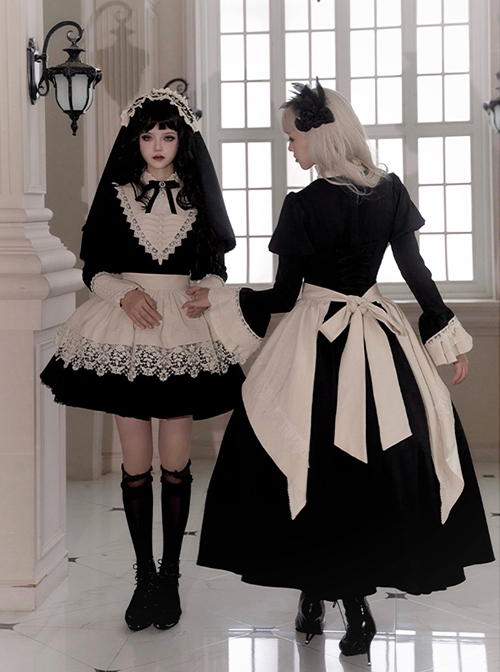 Elegant Dark Nun Style Gothic Lolita Black Puff Sleeves Long Dress Ruffles Sleeves Brooch Irregular Apron Set