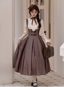 Manchester City Past Events Series Elegant British Style Brown Classic Lolita Long Dress Shirt Necklace Brooch Hat Set