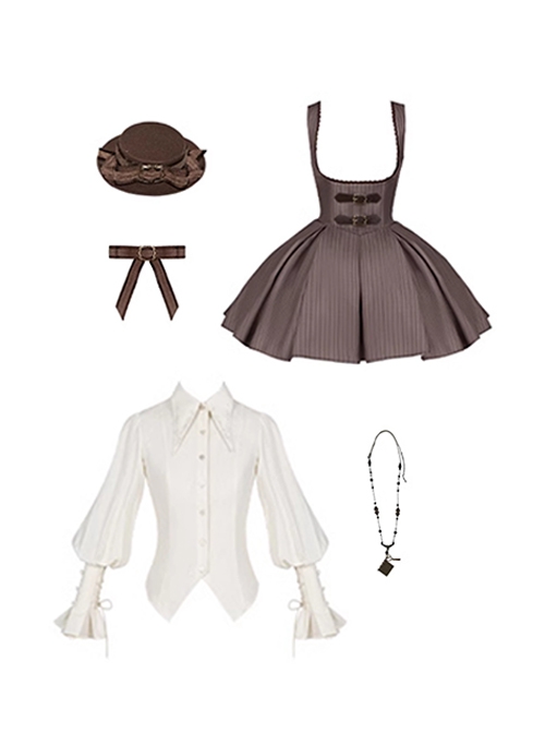 Manchester City Past Events Series Brown Elegant Classic Lolita British Style Sleeveless Short Dress Shirt Necklace Set