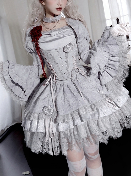 Twilight Series Ruffles Witch Halloween Gothic Lolita Gray Corset Lace Fluffy Tutu Skirt Hat Coat Brooch Necklace Set