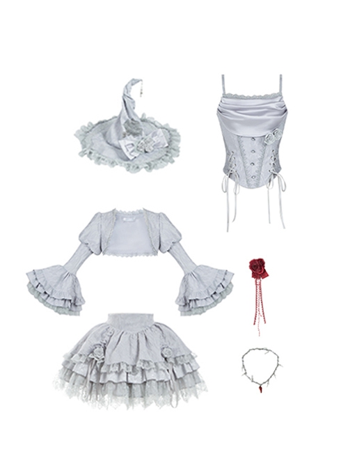 Twilight Series Ruffles Witch Halloween Gothic Lolita Gray Corset Lace Fluffy Tutu Skirt Hat Coat Brooch Necklace Set