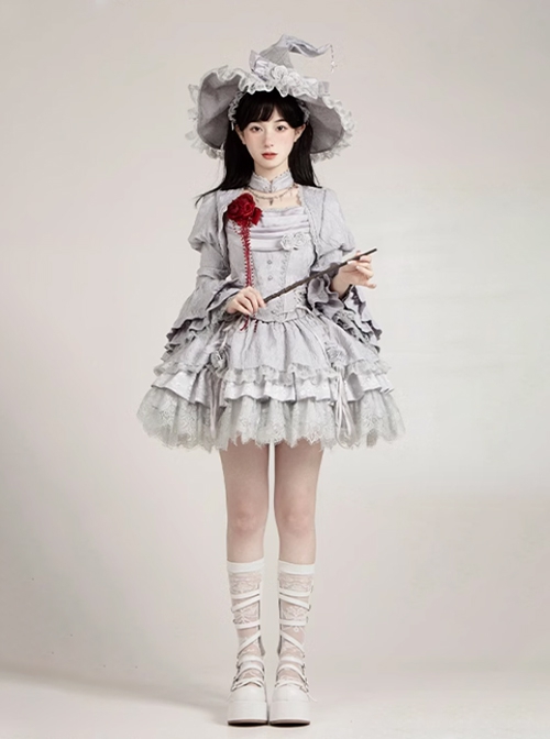 Twilight Series Ruffles Witch Halloween Gothic Lolita Gray Corset Lace Fluffy Tutu Skirt Hat Coat Brooch Necklace Set