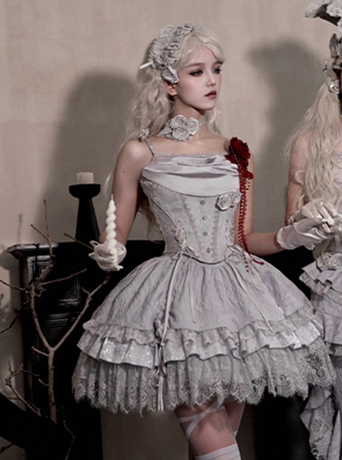 Twilight Series Ruffles Witch Halloween Gothic Lolita Gray Corset Lace Fluffy Tutu Skirt Hat Coat Brooch Necklace Set