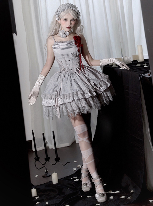 Twilight Series Ruffles Witch Halloween Gothic Lolita Gray Corset Lace Fluffy Tutu Skirt Hat Coat Brooch Necklace Set