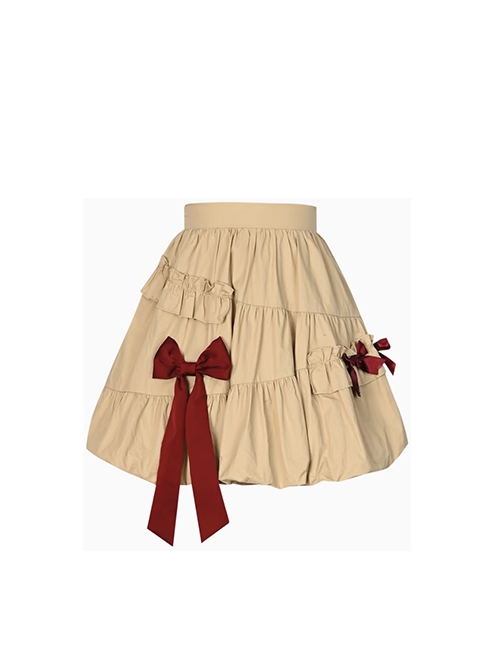 Fairy Tale Style Khaki Asymmetry Ruffles Retro Bowknot Casual Loose Kawaii Fashion Short Skirt