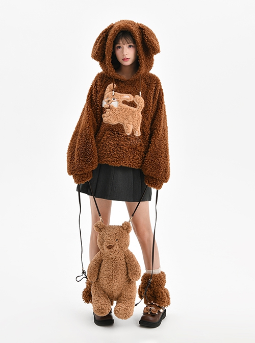 Cute Puppy Series Autumn Winter Brown Fat Dog Ears Furry Kawaii Fashion Loose Hooded Pullover Sweatshirt