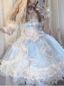 The Little Mermaid Series Gorgeous Flower Wedding Blue Glitter Ribbon Mesh Yarn Lace Ruffles Classic Lolita Dress