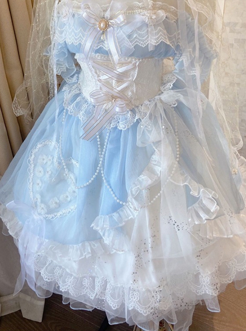 The Little Mermaid Series Gorgeous Flower Wedding Blue Glitter Ribbon Mesh Yarn Lace Ruffles Classic Lolita Dress