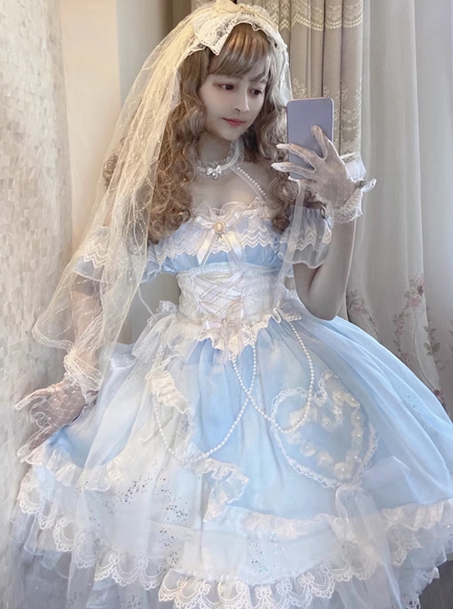 The Little Mermaid Series Gorgeous Flower Wedding Blue Glitter Ribbon Mesh Yarn Lace Ruffles Classic Lolita Dress