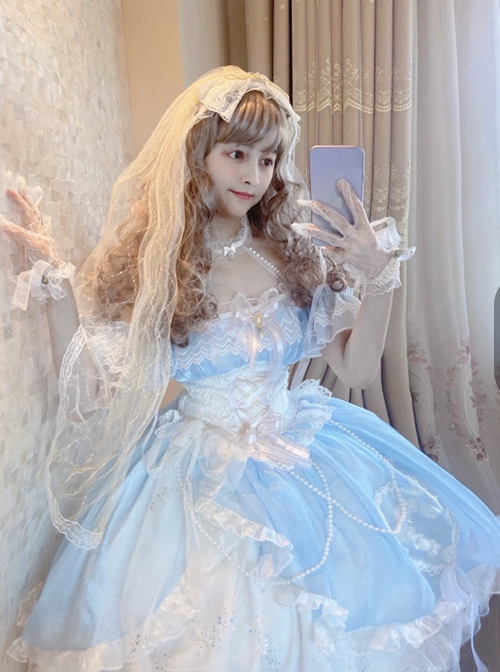 The Little Mermaid Series Gorgeous Flower Wedding Blue Glitter Ribbon Mesh Yarn Lace Ruffles Sweet Lolita Dress