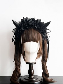 Handmade Sweet Cool Dark Halloween Ruffles Lace Cosplay Cute Devil Horns Gothic Lolita Headband