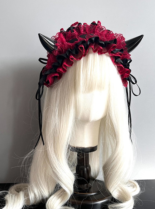 Handmade Sweet Cool Dark Halloween Ruffles Lace Cosplay Cute Devil Horns Gothic Lolita Headband