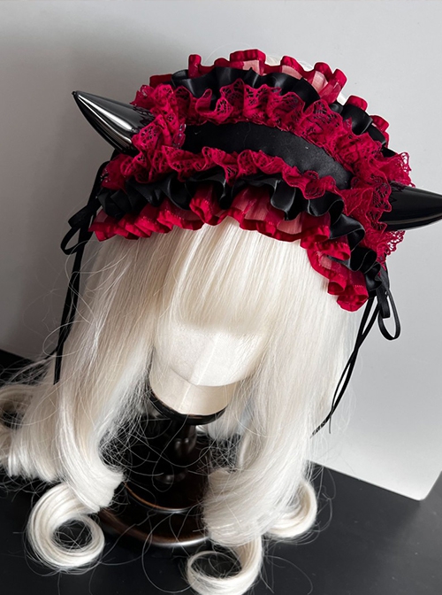 Handmade Sweet Cool Dark Halloween Ruffles Lace Cosplay Cute Devil Horns Gothic Lolita Headband