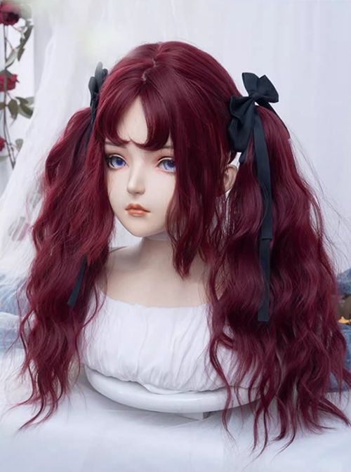 Halloween Demon Dark Witch Burgundy Red Mid Split Fluffy Long Curly Hair Gothic Lolita Wig