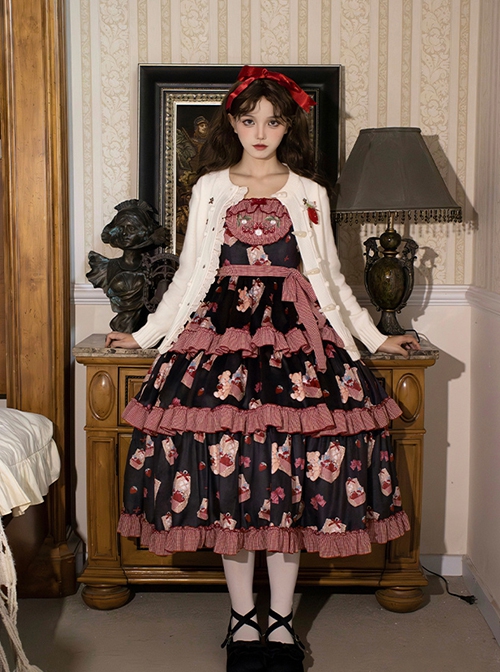 Pastoral Style Navy Blue Contrasting Colors Strawberry Embroidered Plaid Ruffles Sweet Lolita Sleeveless Long Dress