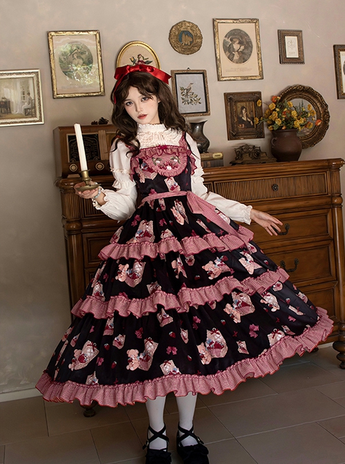 Pastoral Style Navy Blue Contrasting Colors Strawberry Embroidered Plaid Ruffles Sweet Lolita Sleeveless Long Dress